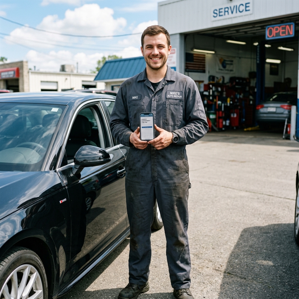 Mechaniker mit Smartphone am Auto